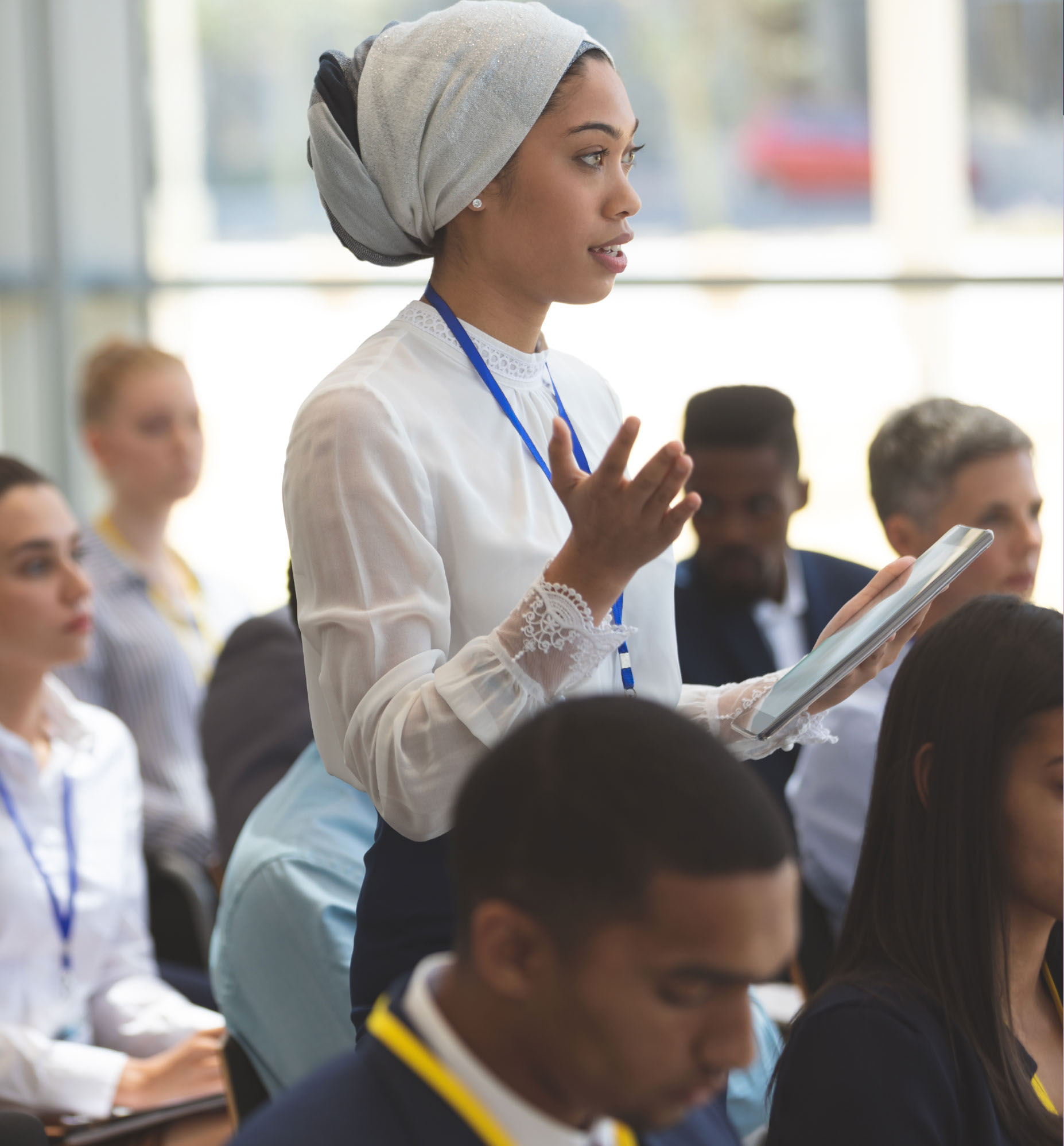 A woman speaks during an anti-human trafficking training session